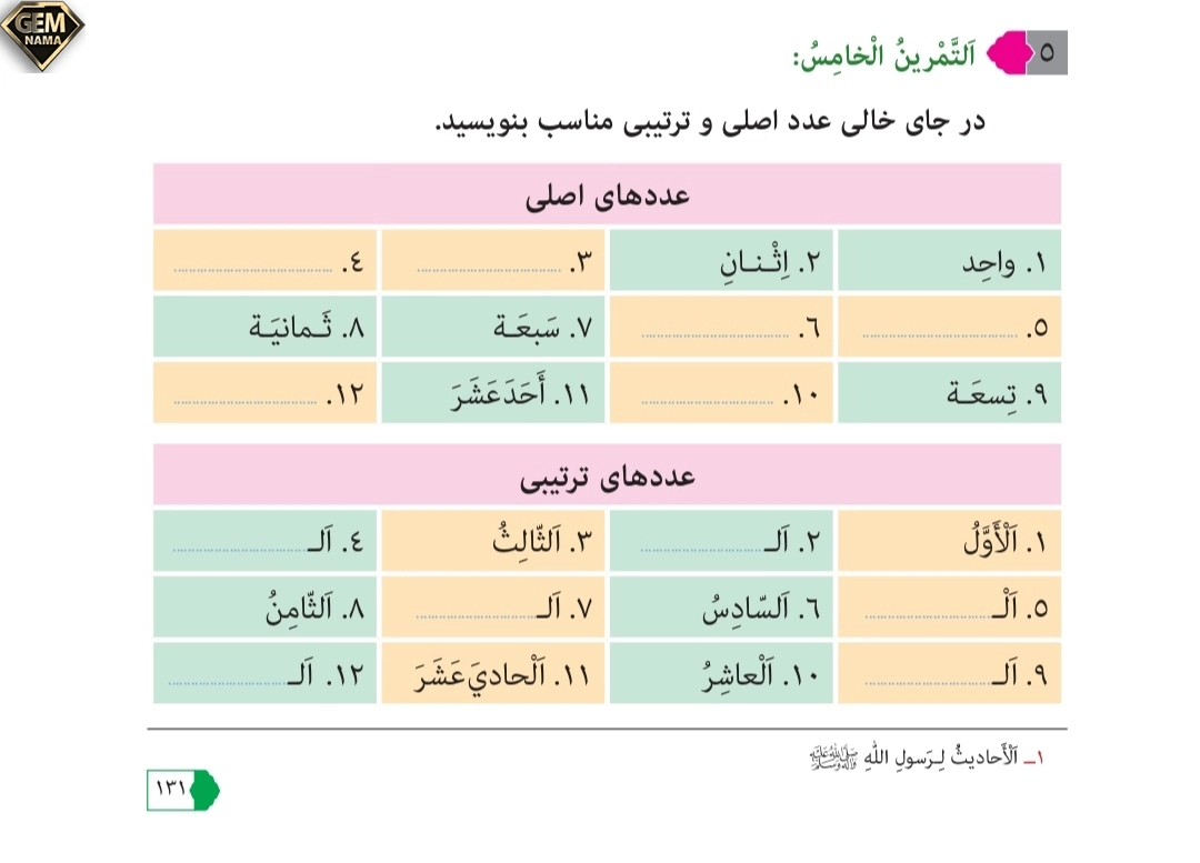 جواب تمرین ۵صفحه ۱۳۱درس ۱۰عربی نهم
