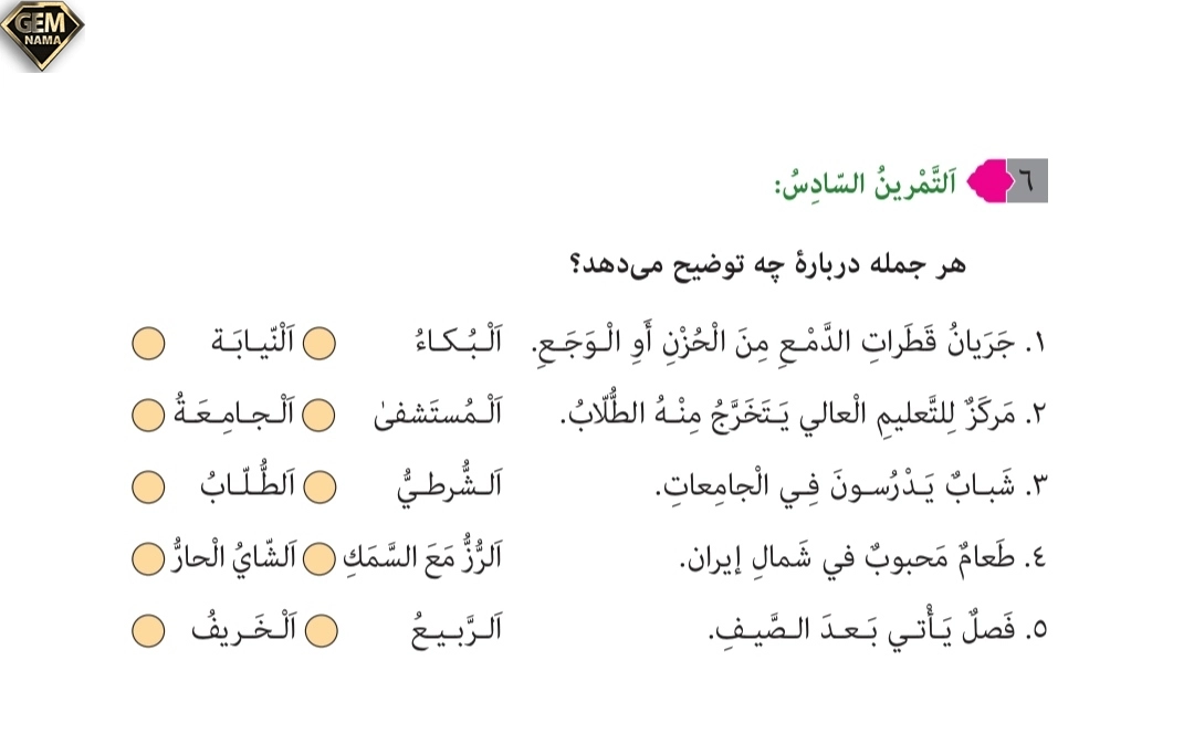 جواب تمرین ۶صفحه ۱۳۲درس ۱۰عربی نهم