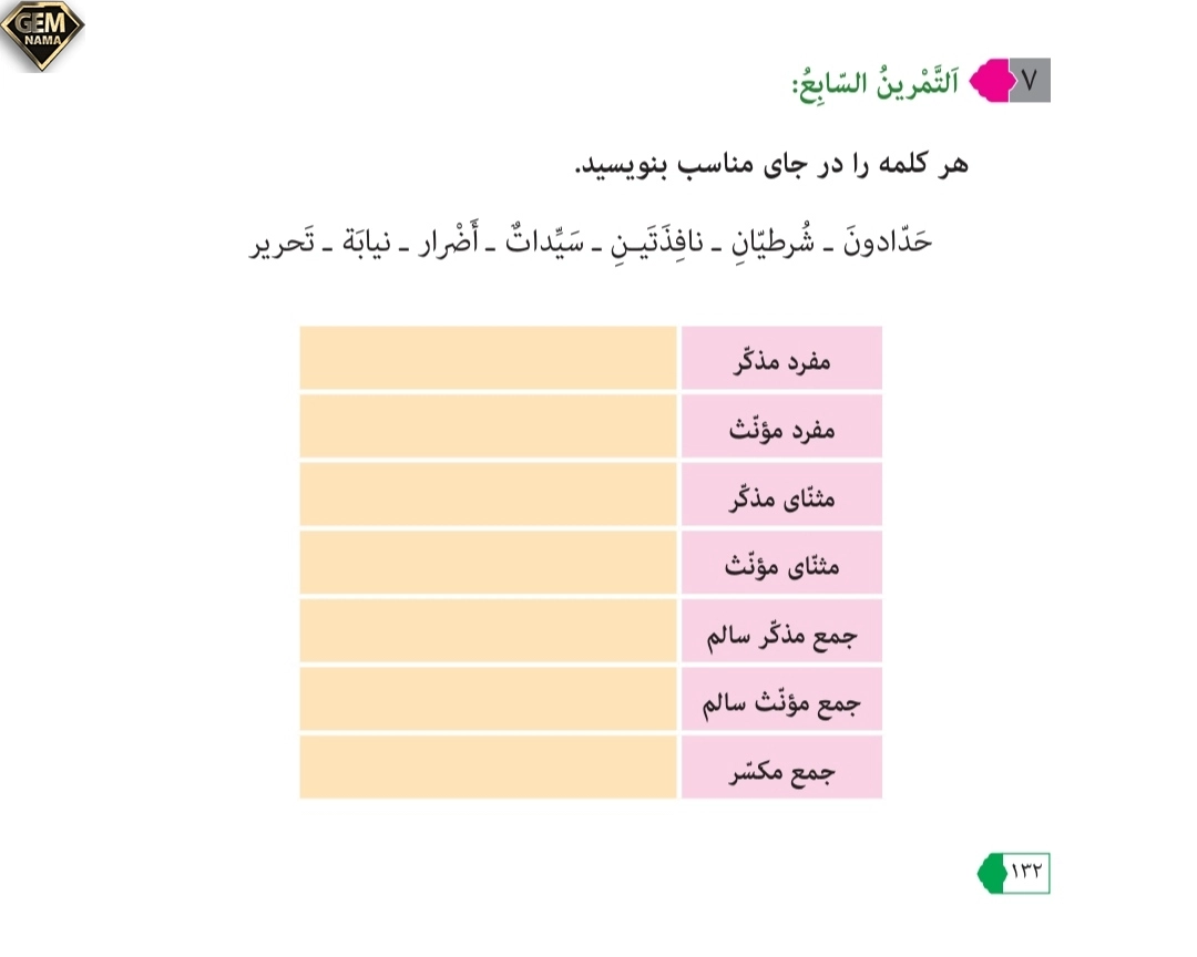 جواب تمرین ۷صفحه ۱۳۲درس ۱۰عربی نهم