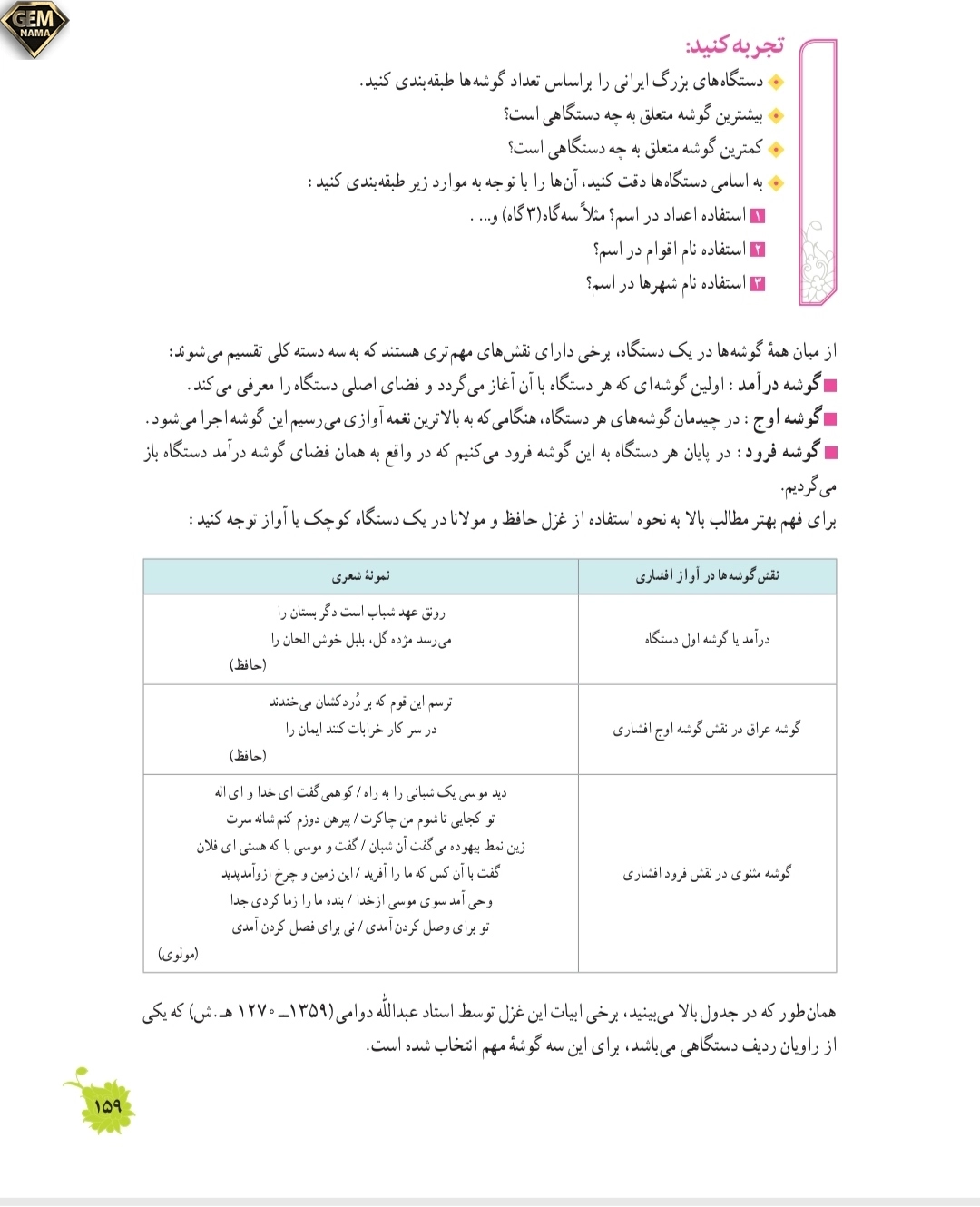 تجربه کنید صفحه ۱۵۹درس ردیف دستگاهی ایران فرهنگ وهنر نهم